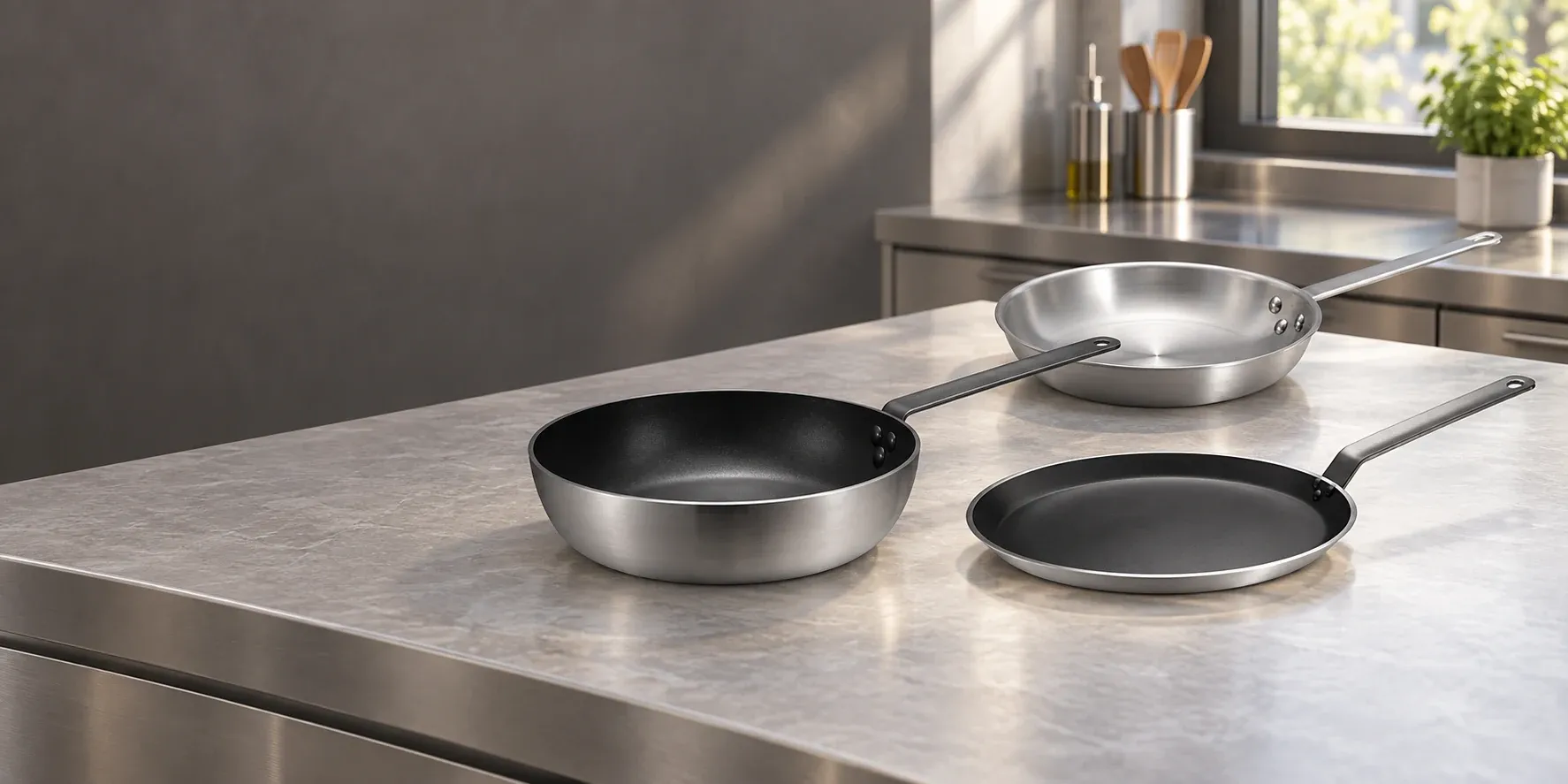 Aluminum alloy frying, deep and crepe pans arranged in a professional kitchen