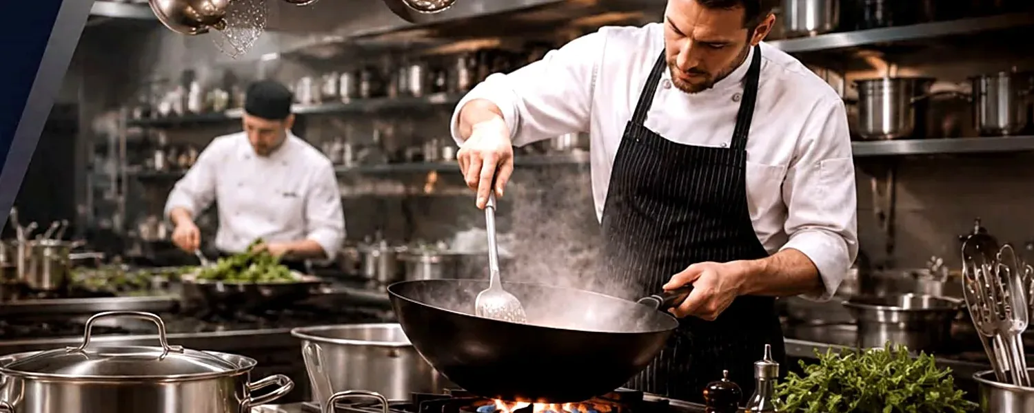 Carbon steel fry pans and woks in commercial kitchen service, photographed for YIHENG's catalog application scenes.