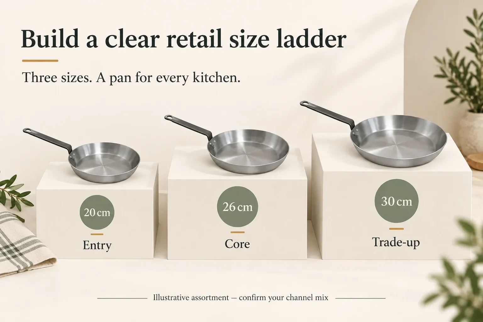 20, 26 and 30 cm natural carbon steel frying pans illustrating a retail size ladder.