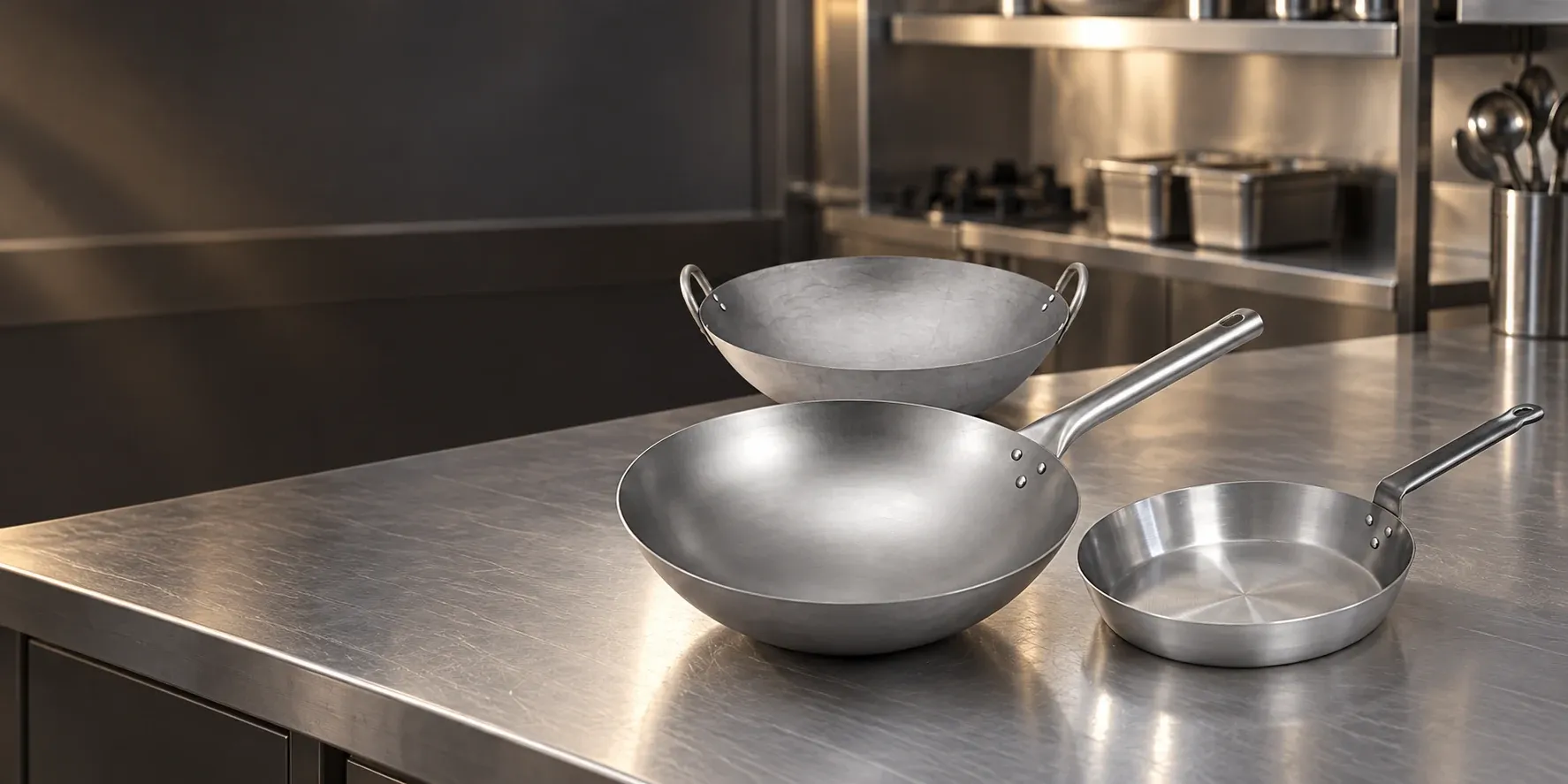 Natural-finish carbon steel woks and frying pan on a commercial kitchen counter