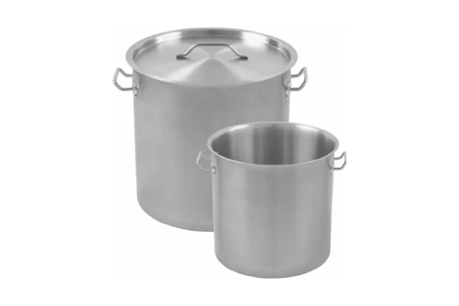 Two stainless steel stockpots, including one shown with a fitted lid