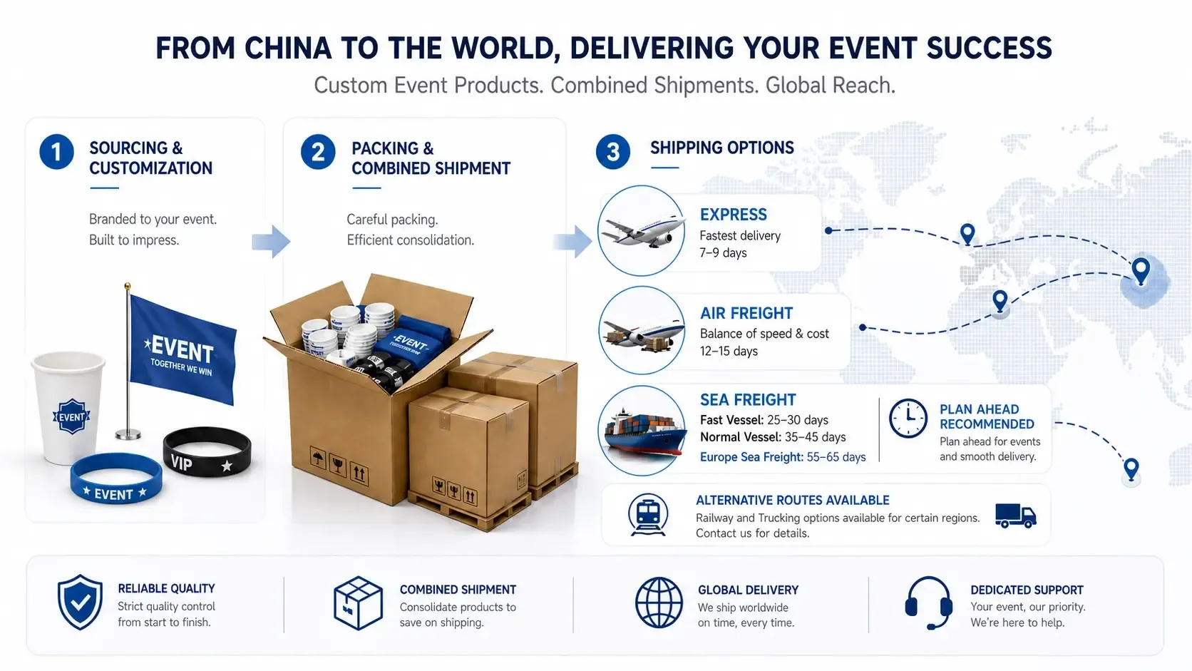 Shipping custom event products from China by express air freight and sea freight