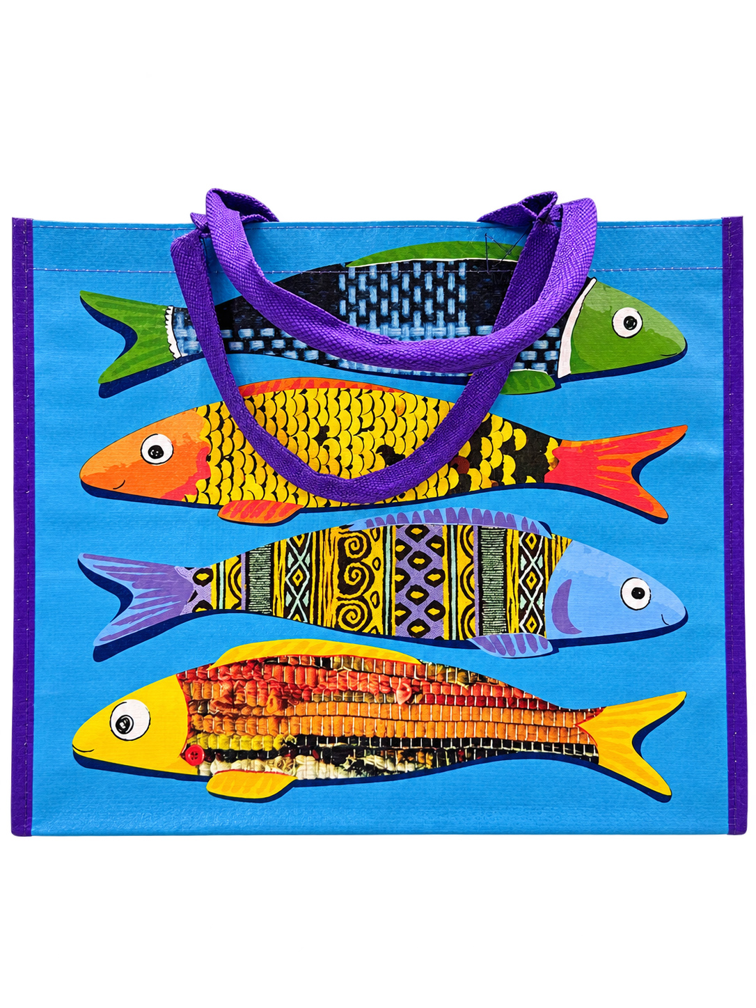 Laminated shopping tote bag with colorful fish art print and purple soft handles