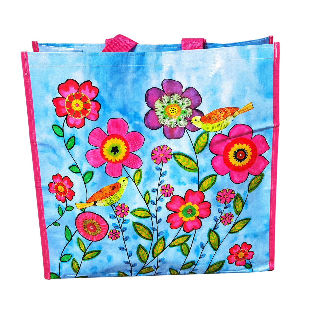 Front view of large laminated PP woven shopping bag with floral bird print