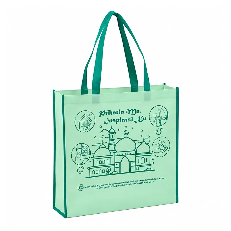 Custom mint green non-woven tote bag with mosque campaign print
