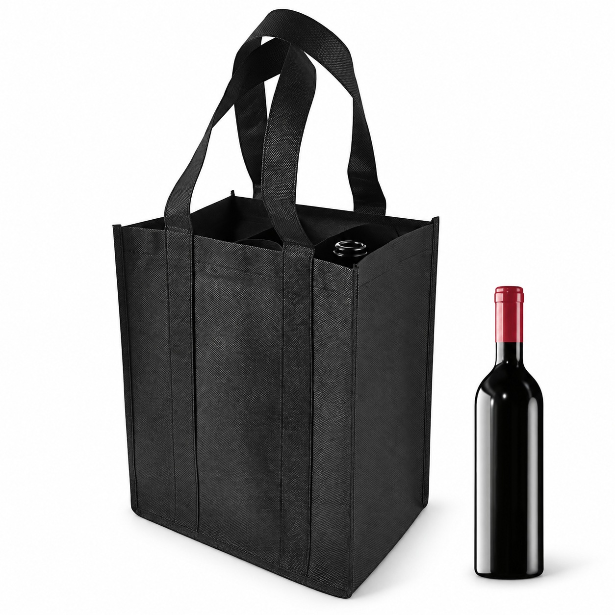 Custom black non-woven multi-bottle wine carrier bag with internal dividers