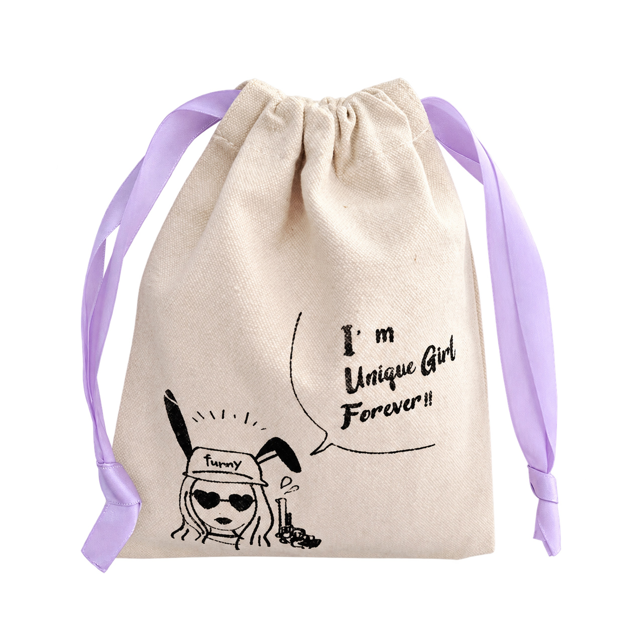 Natural canvas drawstring bag with purple ribbon
