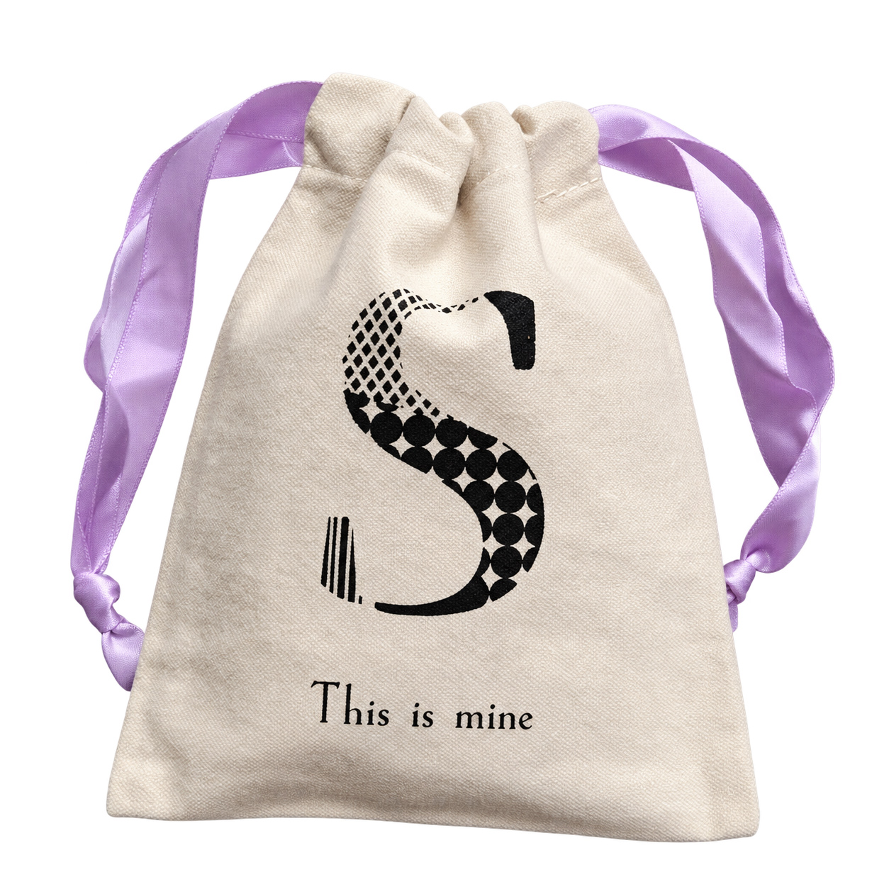 Canvas drawstring pouch with purple ribbon