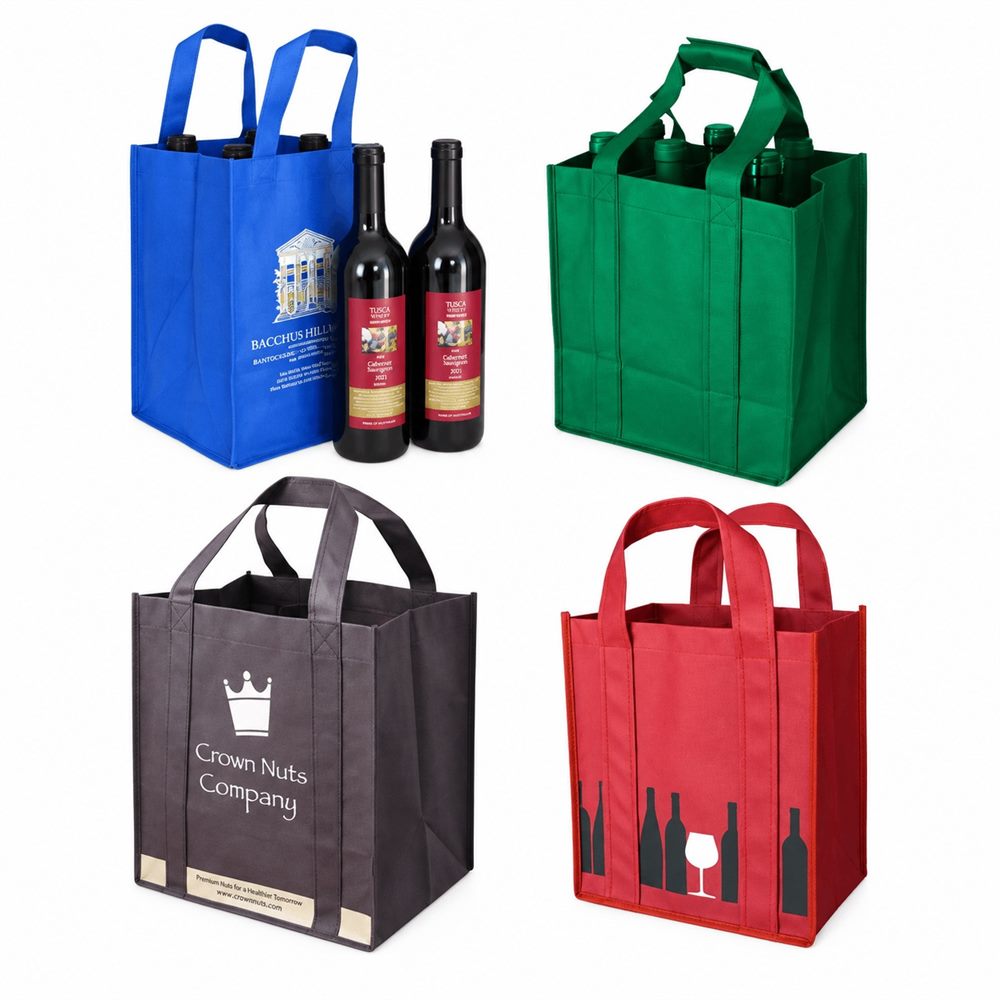 Custom non-woven bottle carrier bags for multi-bottle packaging