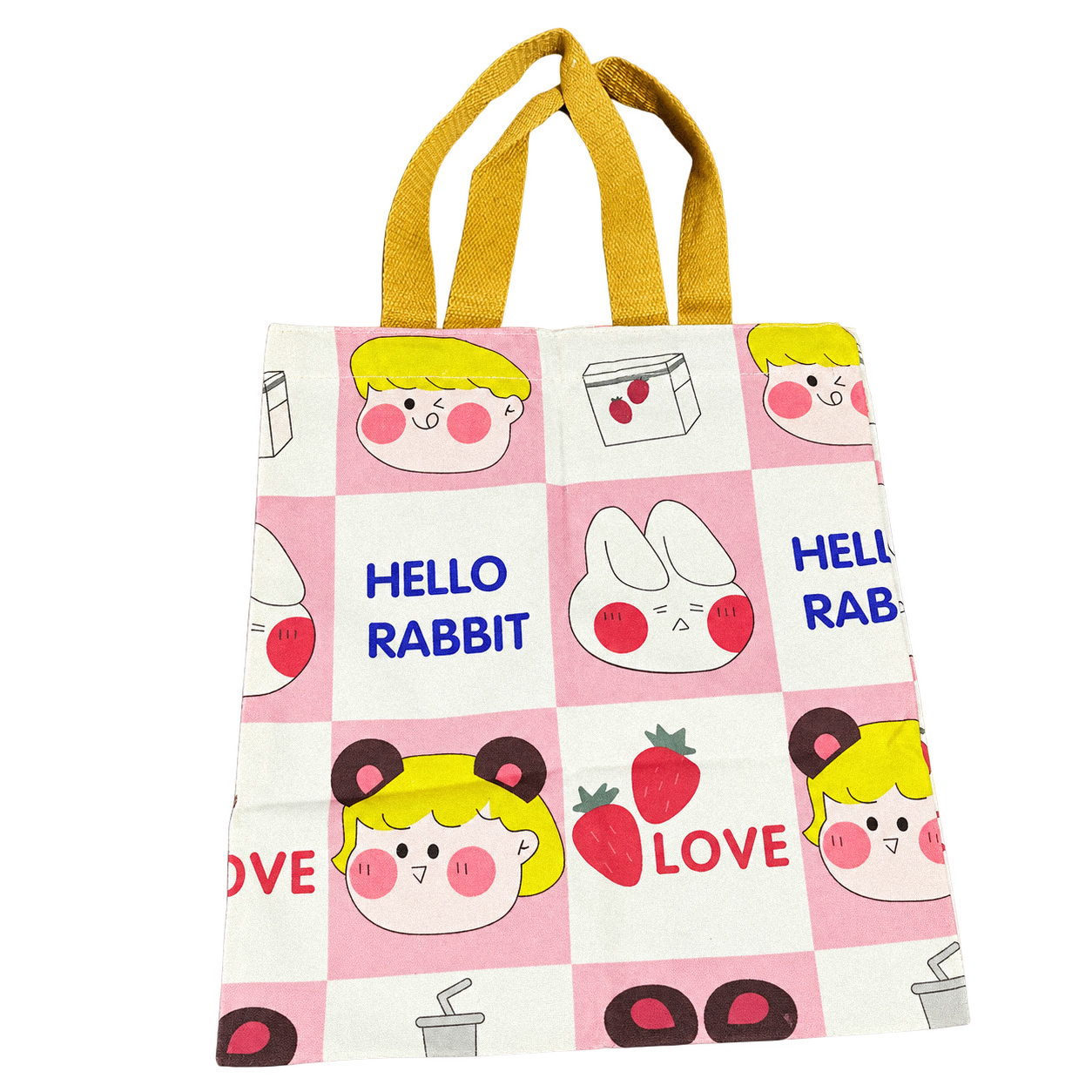 Printed canvas tote bag with colorful cartoon pattern and yellow handles