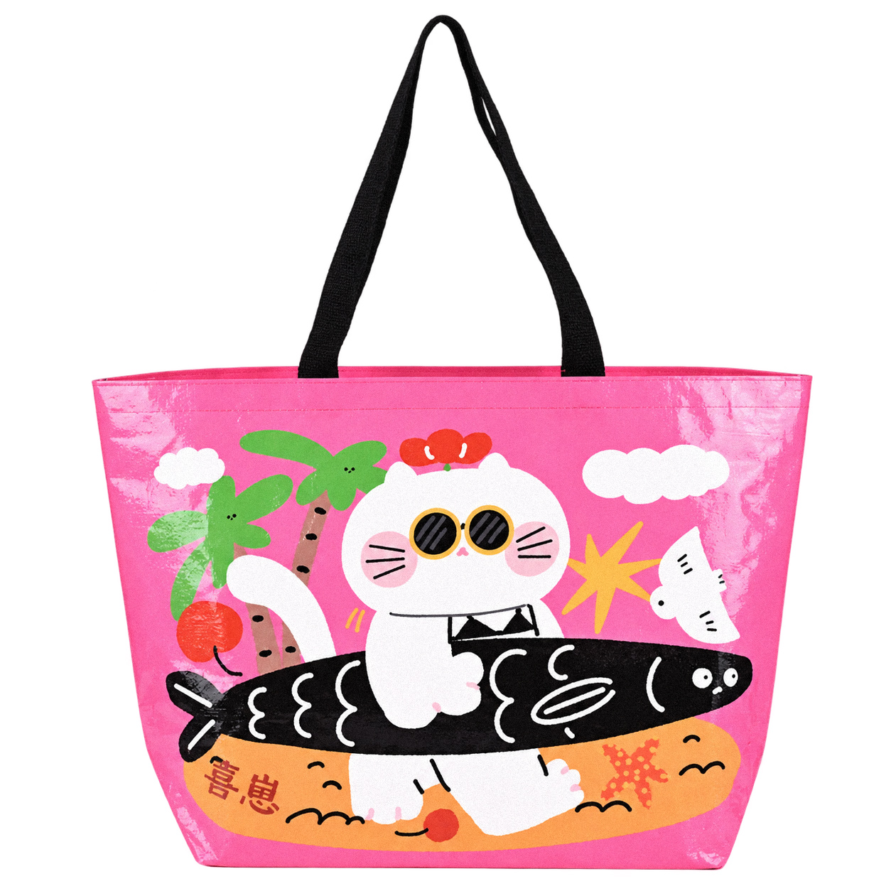 Pink laminated shopping tote bag with cartoon print and black shoulder handles