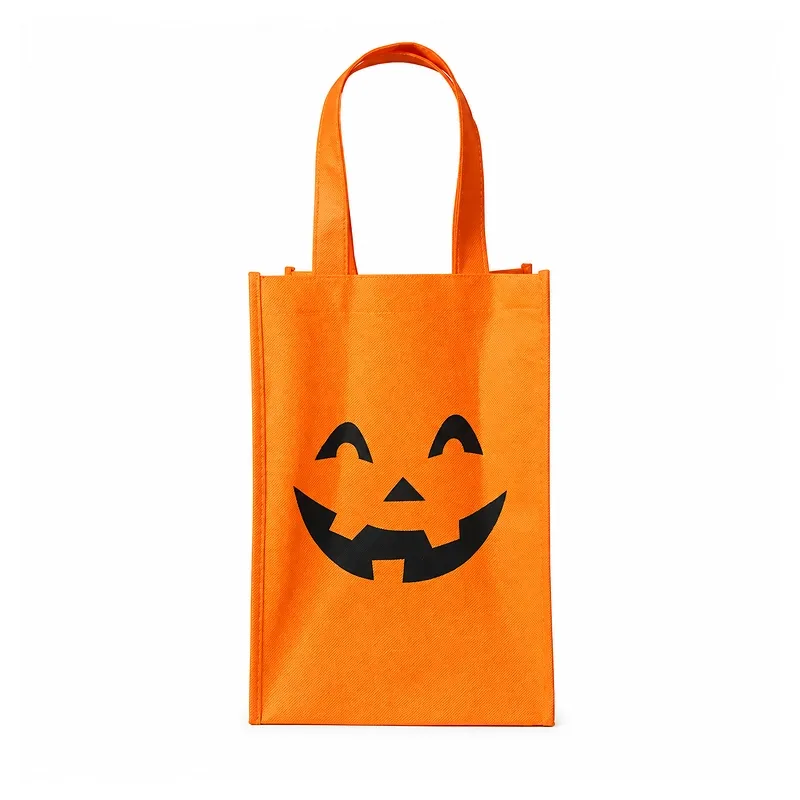Custom orange non-woven Halloween tote bag with jack-o-lantern print