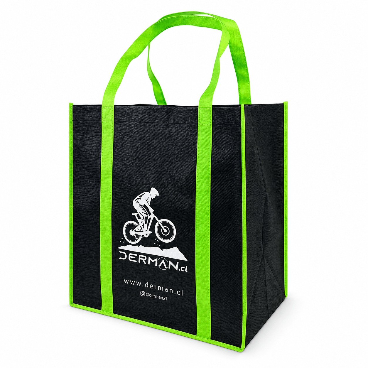 Custom black non-woven shopping bag with green contrast handles