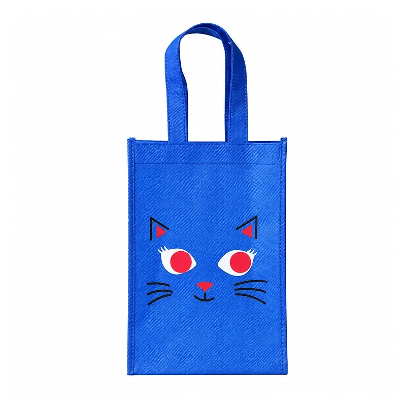 Custom blue non-woven Halloween tote bag with cat face print