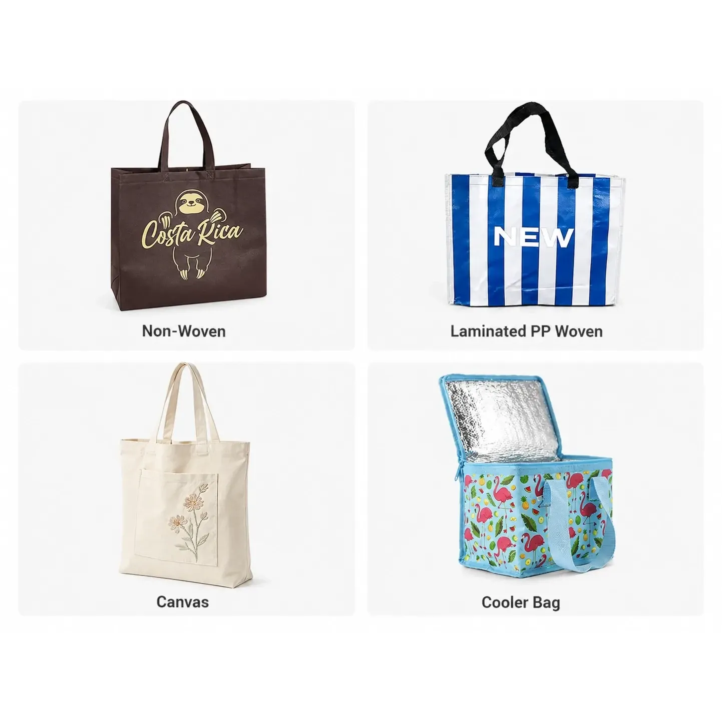 Four custom reusable bag material types: non-woven, laminated PP woven, canvas and cooler bags