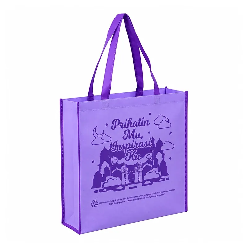 Custom purple non-woven shopping tote bag with mosque campaign print
