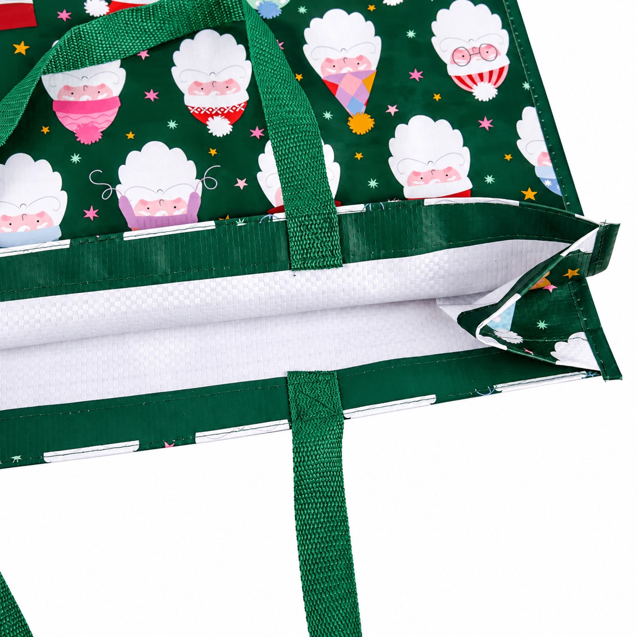 Interior and handle details of laminated woven shopping bag