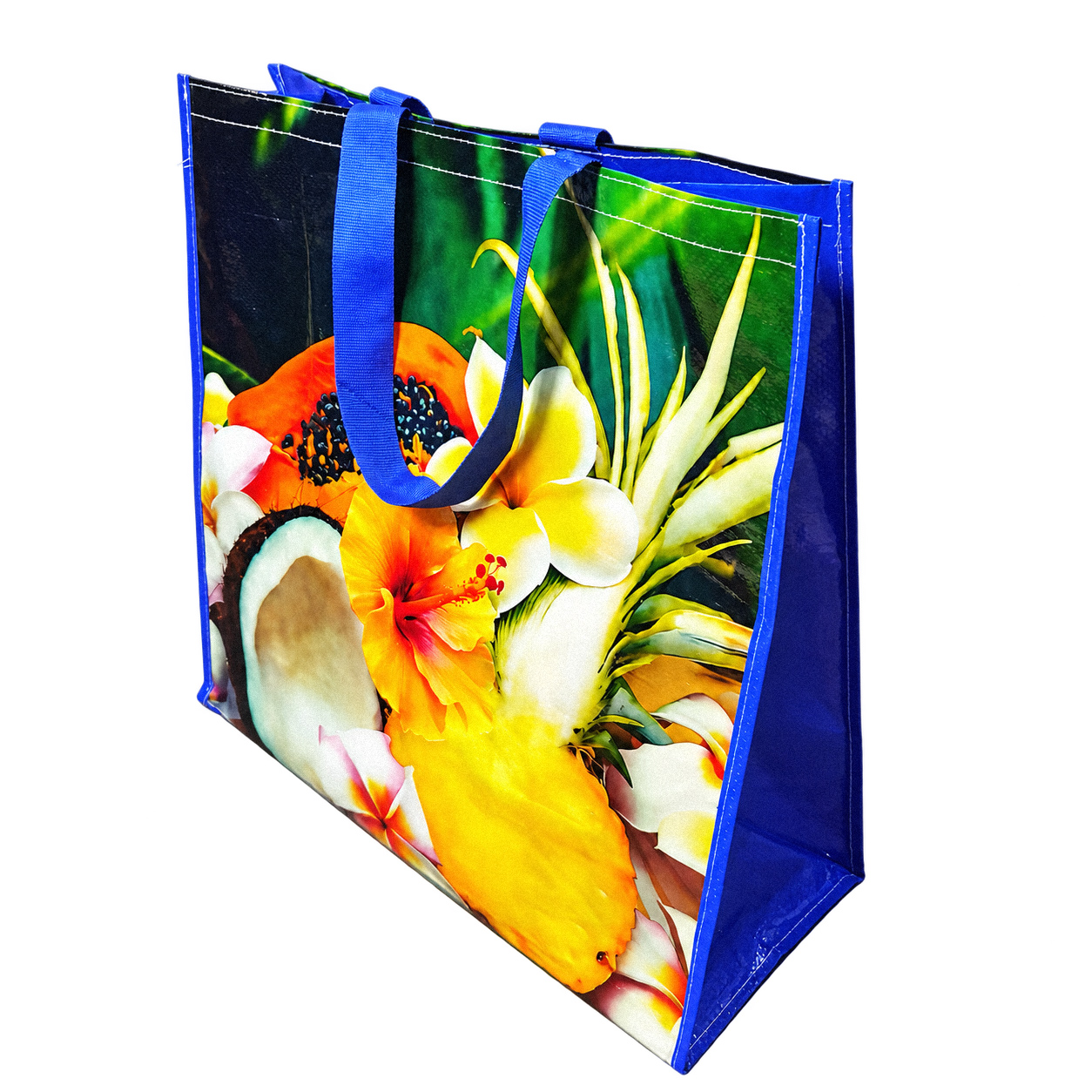 Side view of large laminated PP woven shopping bag with wide gusset