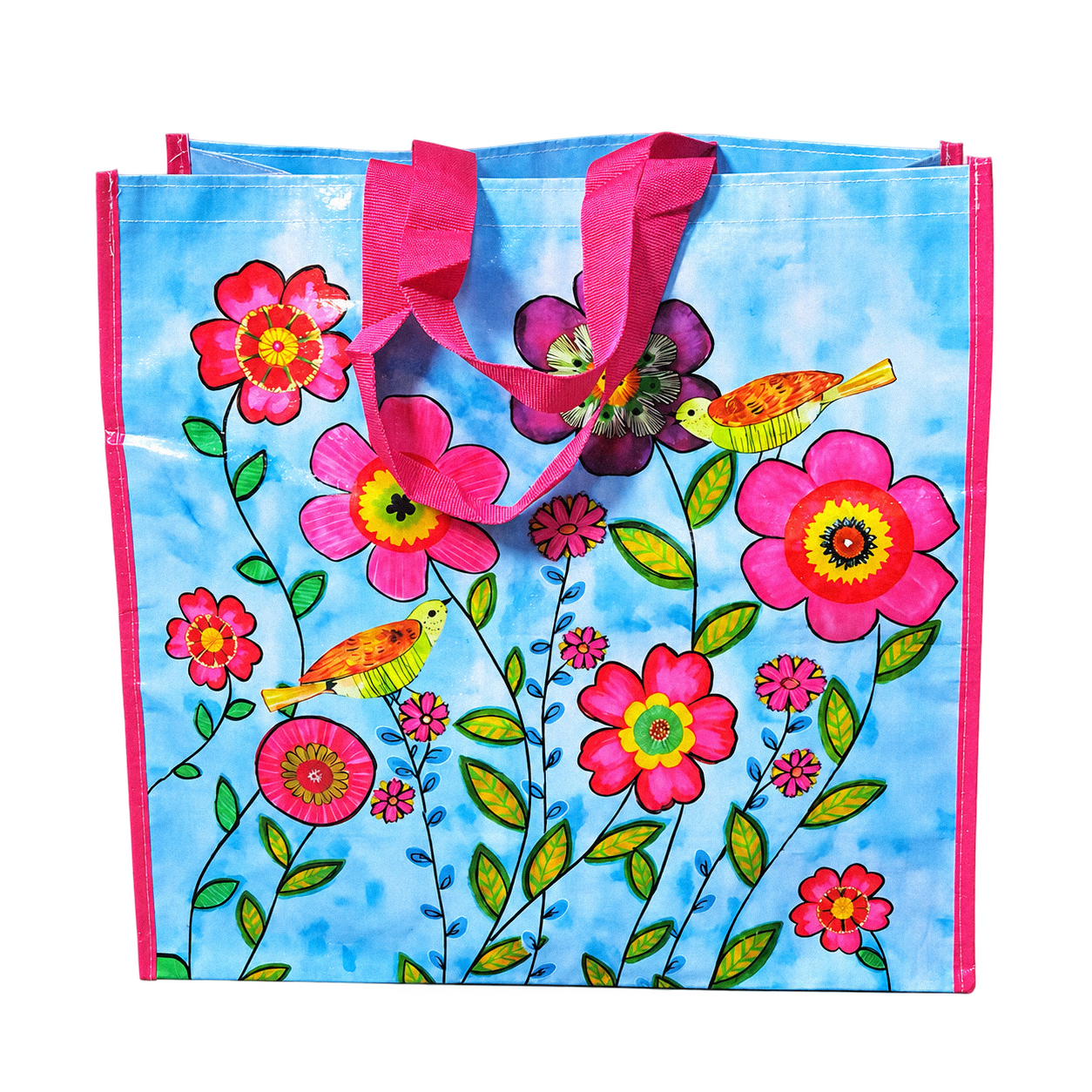 Large laminated PP woven shopping bag with colorful floral and bird print
