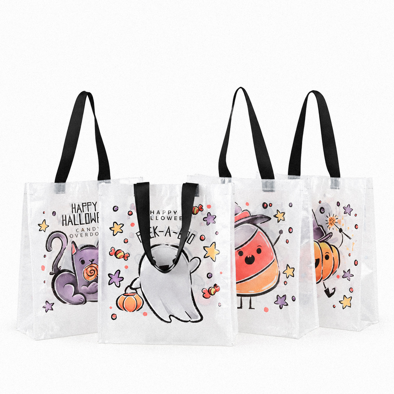 Transparent laminated Halloween shopping bags with custom full-color printing