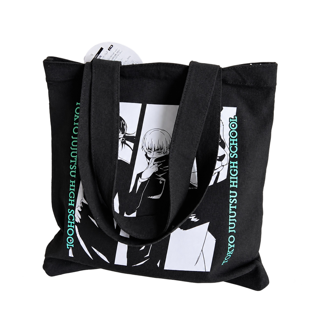 Black printed canvas tote bag with long shoulder handles in natural standing view