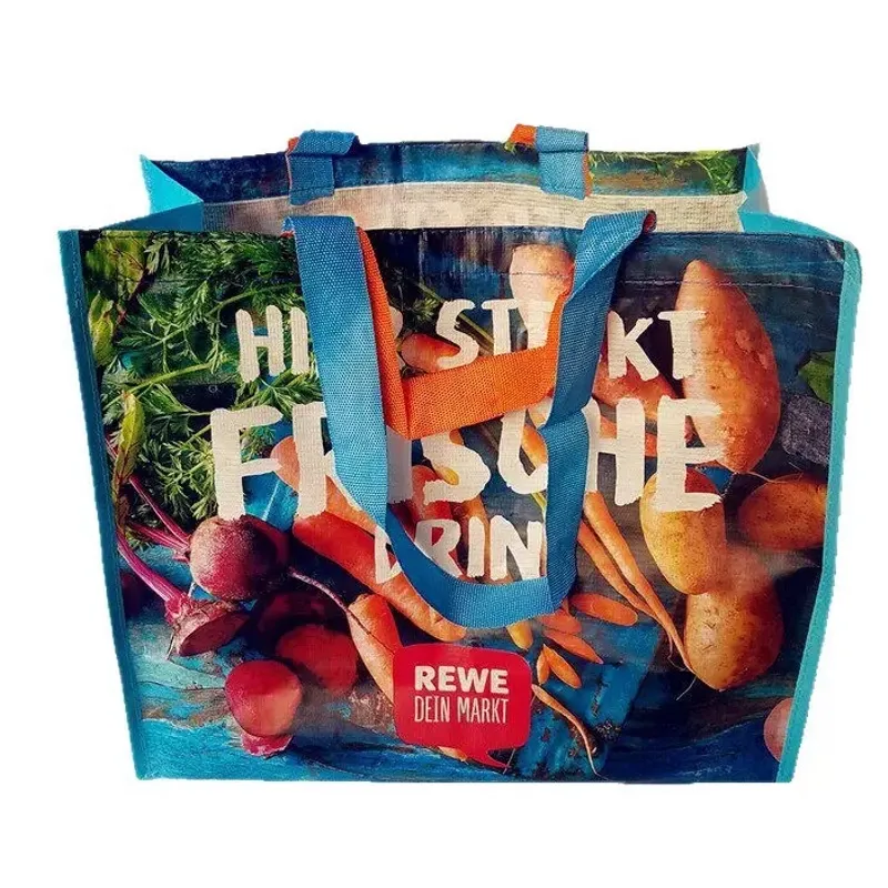 Top view of custom RPET laminated non-woven shopping bag with dual-color handles
