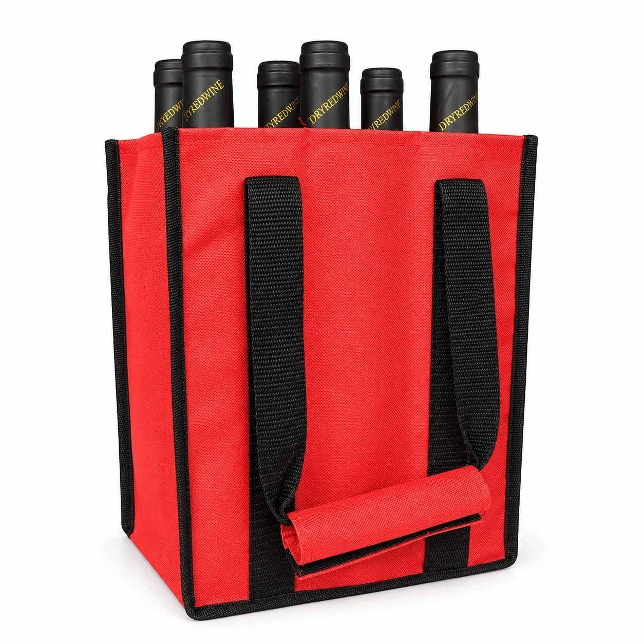 Custom red non-woven multi-bottle wine carrier bag with reinforced handles