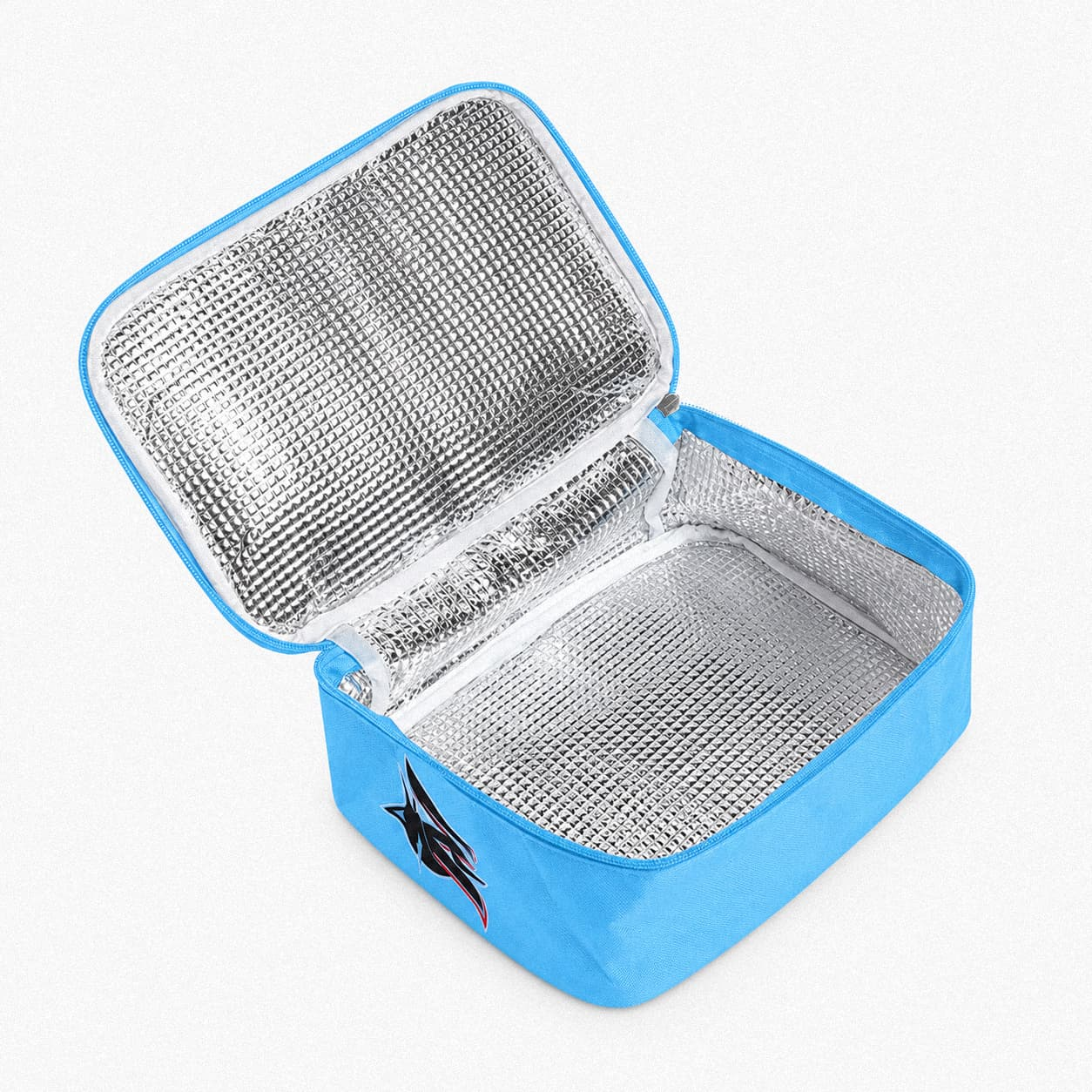 Open insulated lunch bag showing reflective thermal foil lining