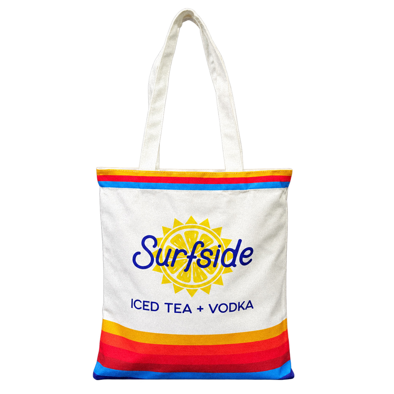 Natural canvas tote bag with multicolor stripe trim and long shoulder handles