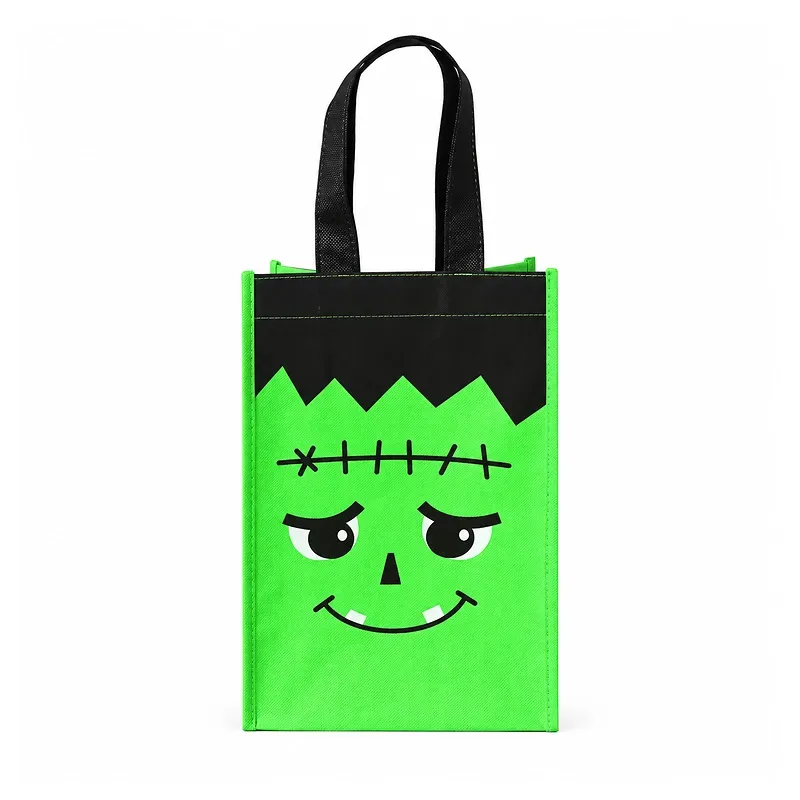 Custom green non-woven Halloween tote bag with Frankenstein print
