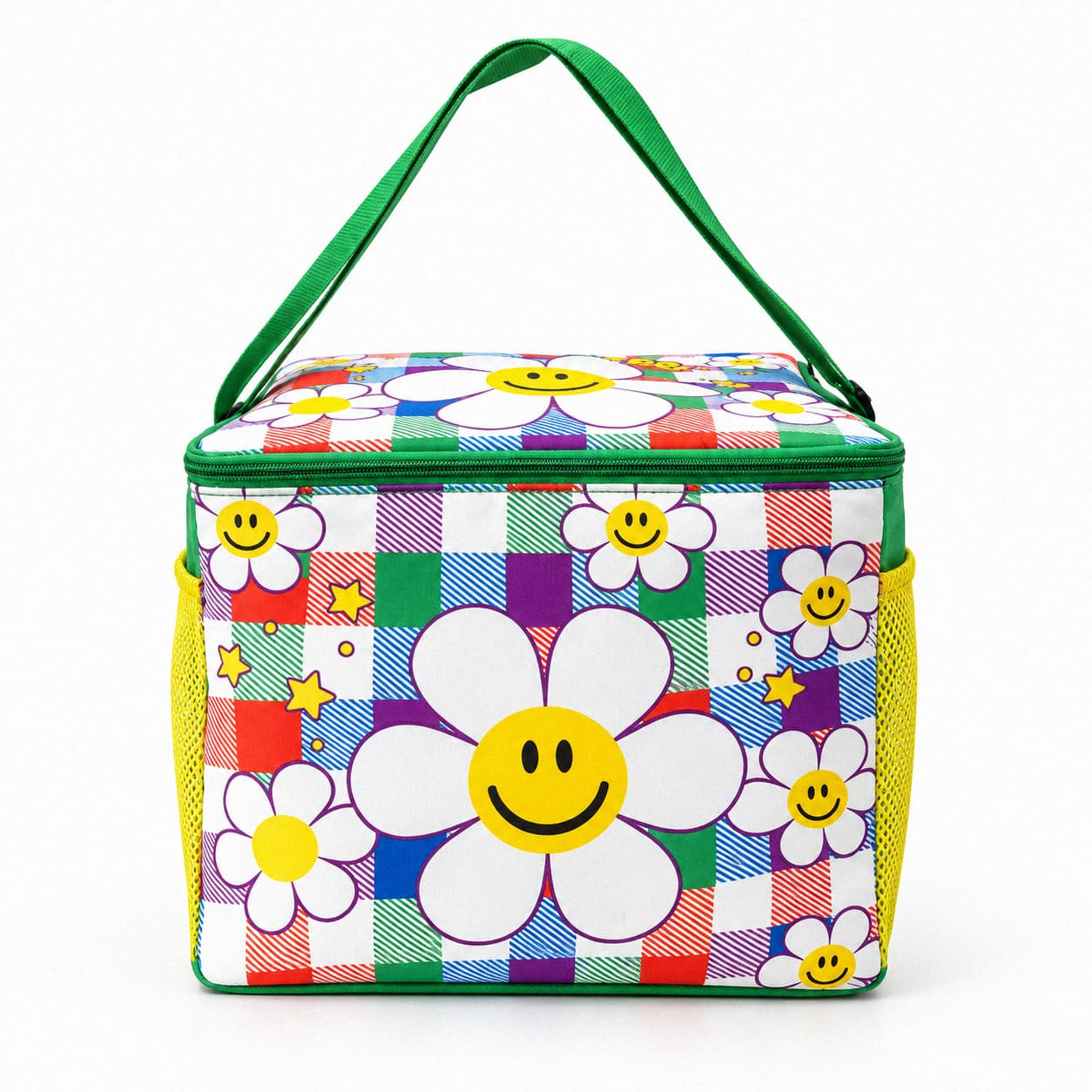 Custom insulated cooler bag with colorful smiley daisy printing