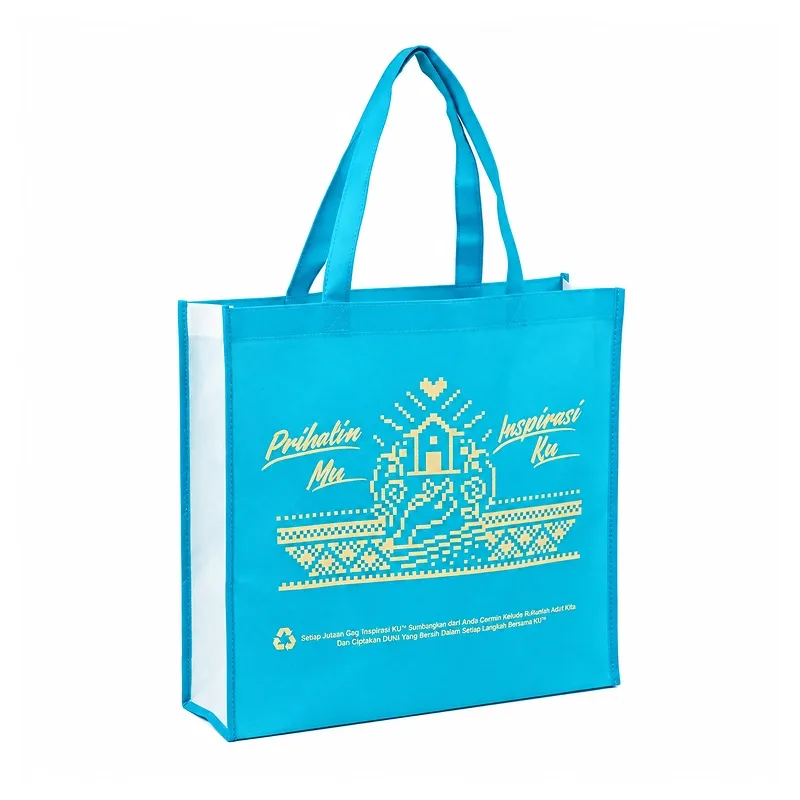 Custom cyan blue non-woven shopping bag with campaign print