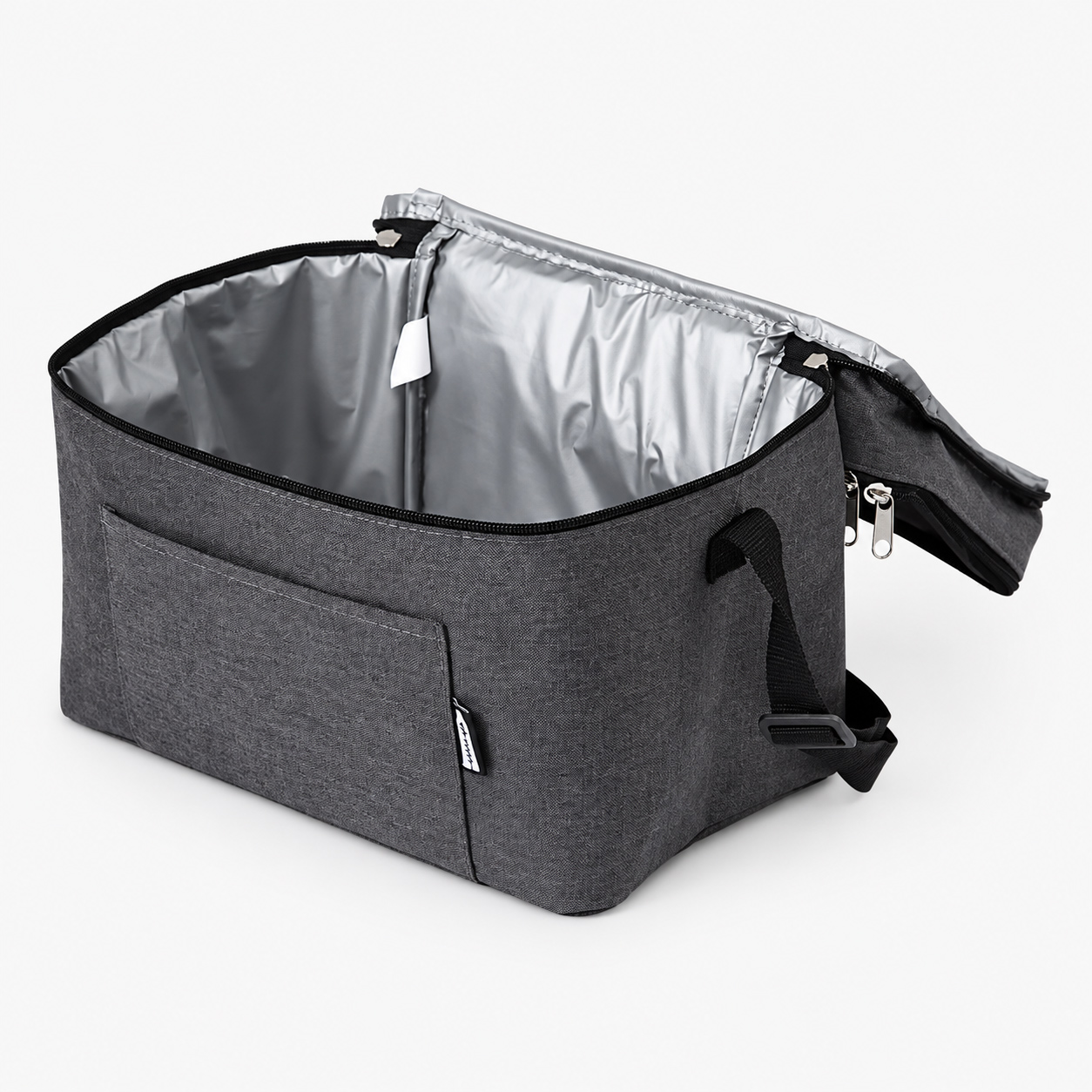 Open RPET polyester cooler bag showing thermal foil lining