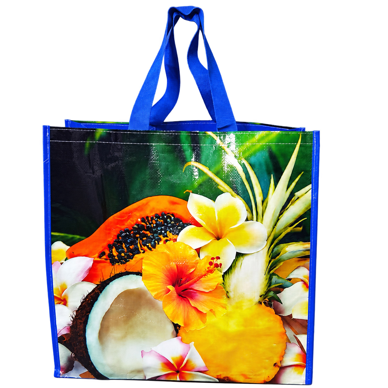 Large laminated PP woven shopping bag with tropical fruit and flower print