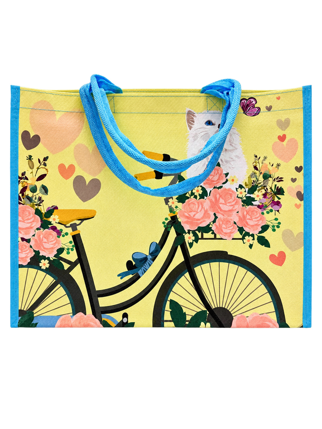 Laminated shopping tote bag with floral bicycle print and special soft handles