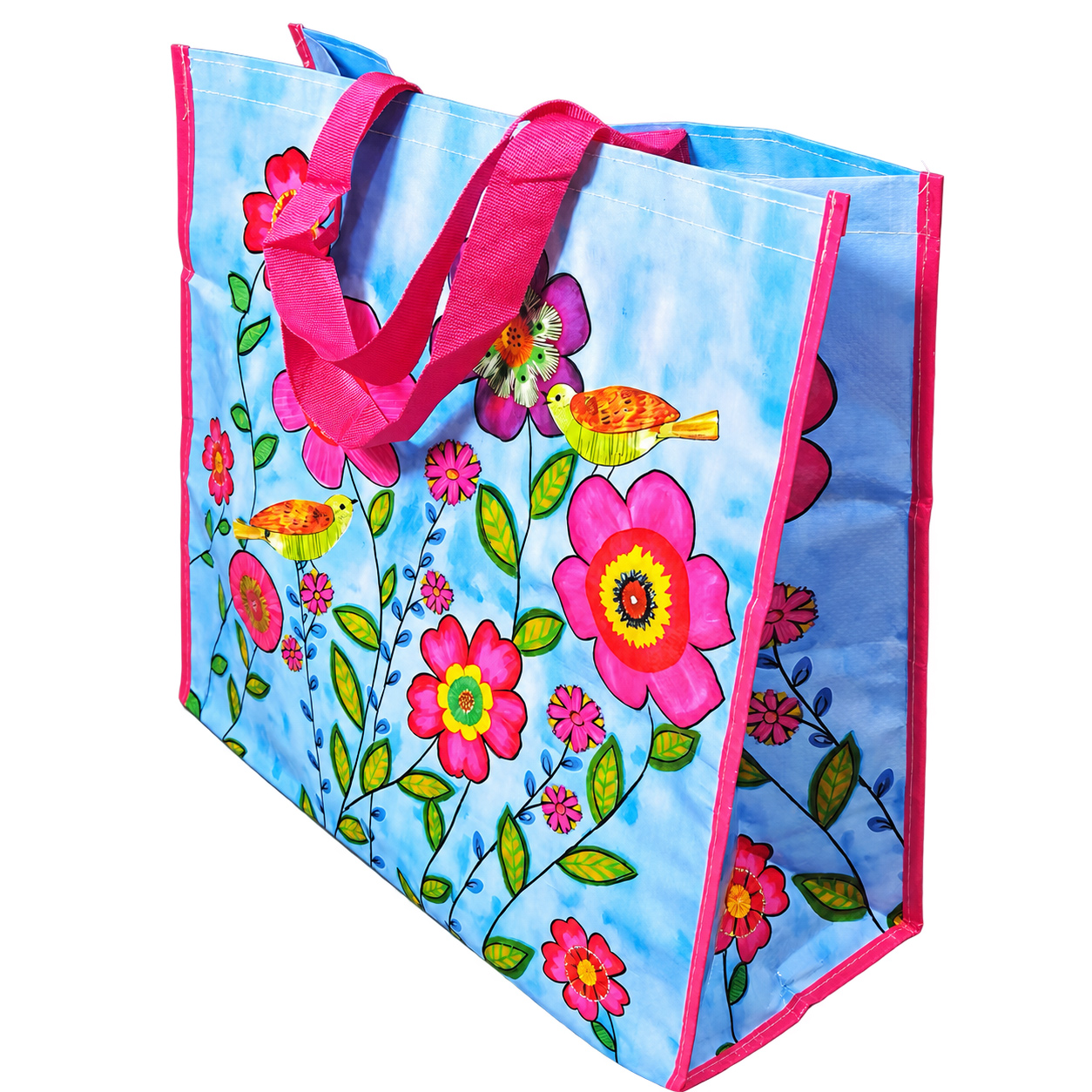 Side view of large laminated PP woven shopping bag with wide gusset