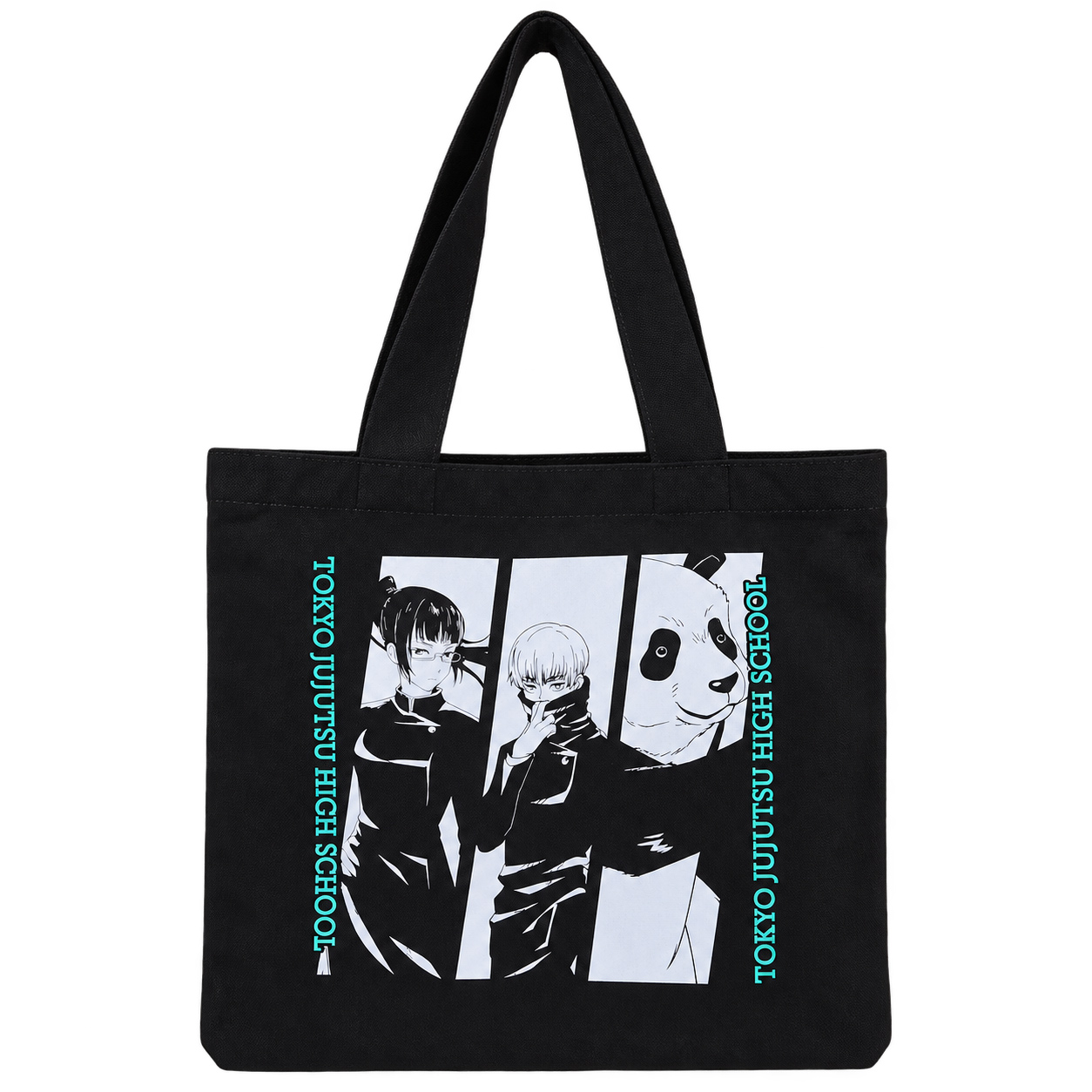 Black canvas tote bag with large monochrome graphic print and long shoulder handles