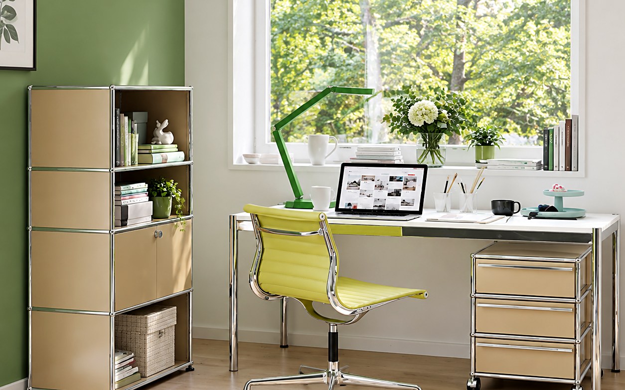 Black and tan modular desk system in a styled interior