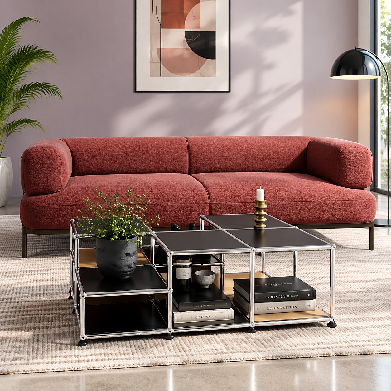 Glass display table with modular steel frame in a living room