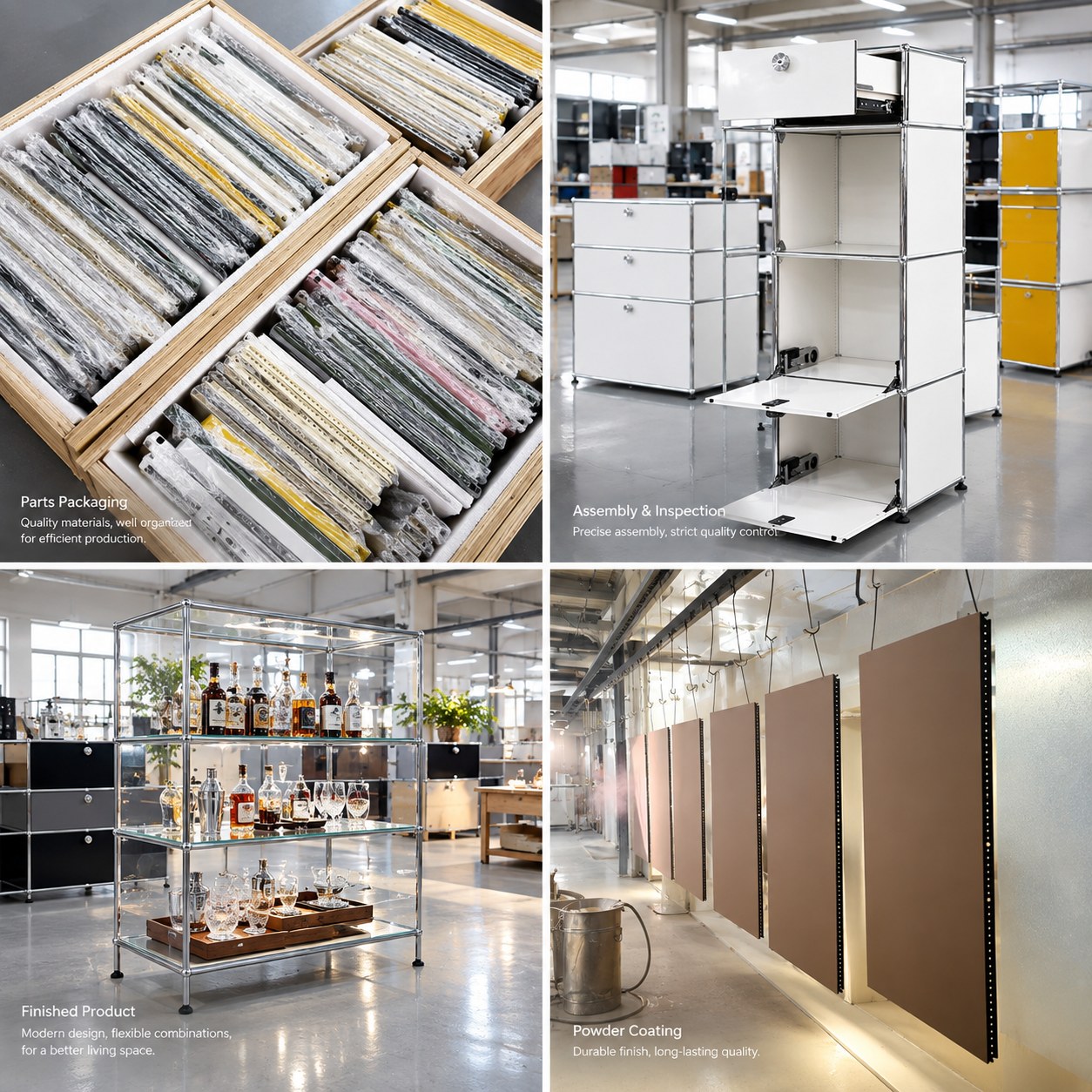 Moduora factory process: parts packaging, assembly and inspection, finished product, powder coating