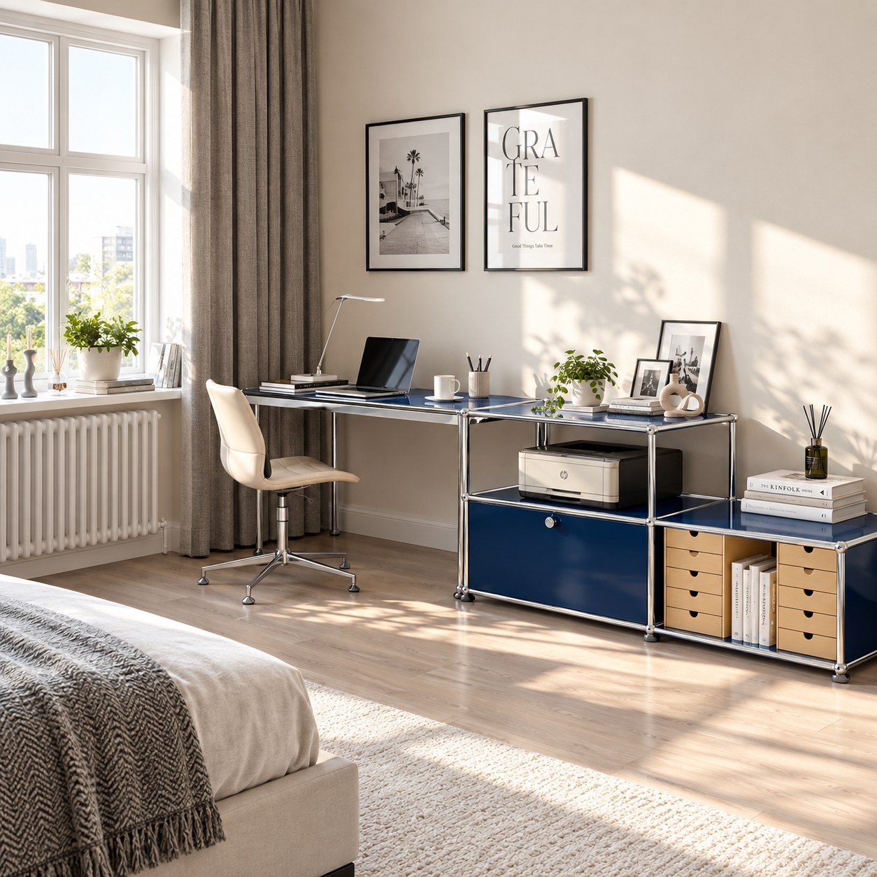 Blue modular desk and storage system with chrome frame in a bright home office