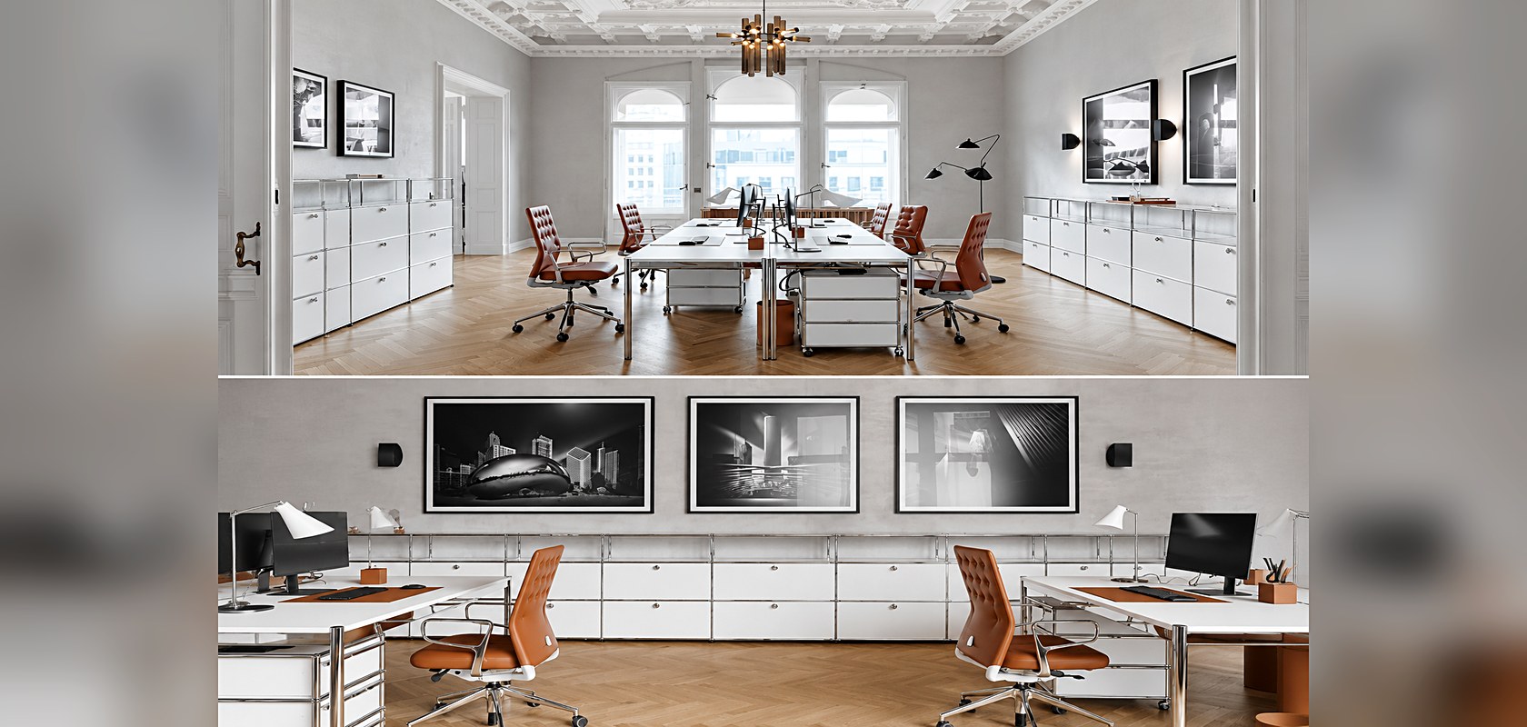 Moduora white modular cabinets in a classic office interior