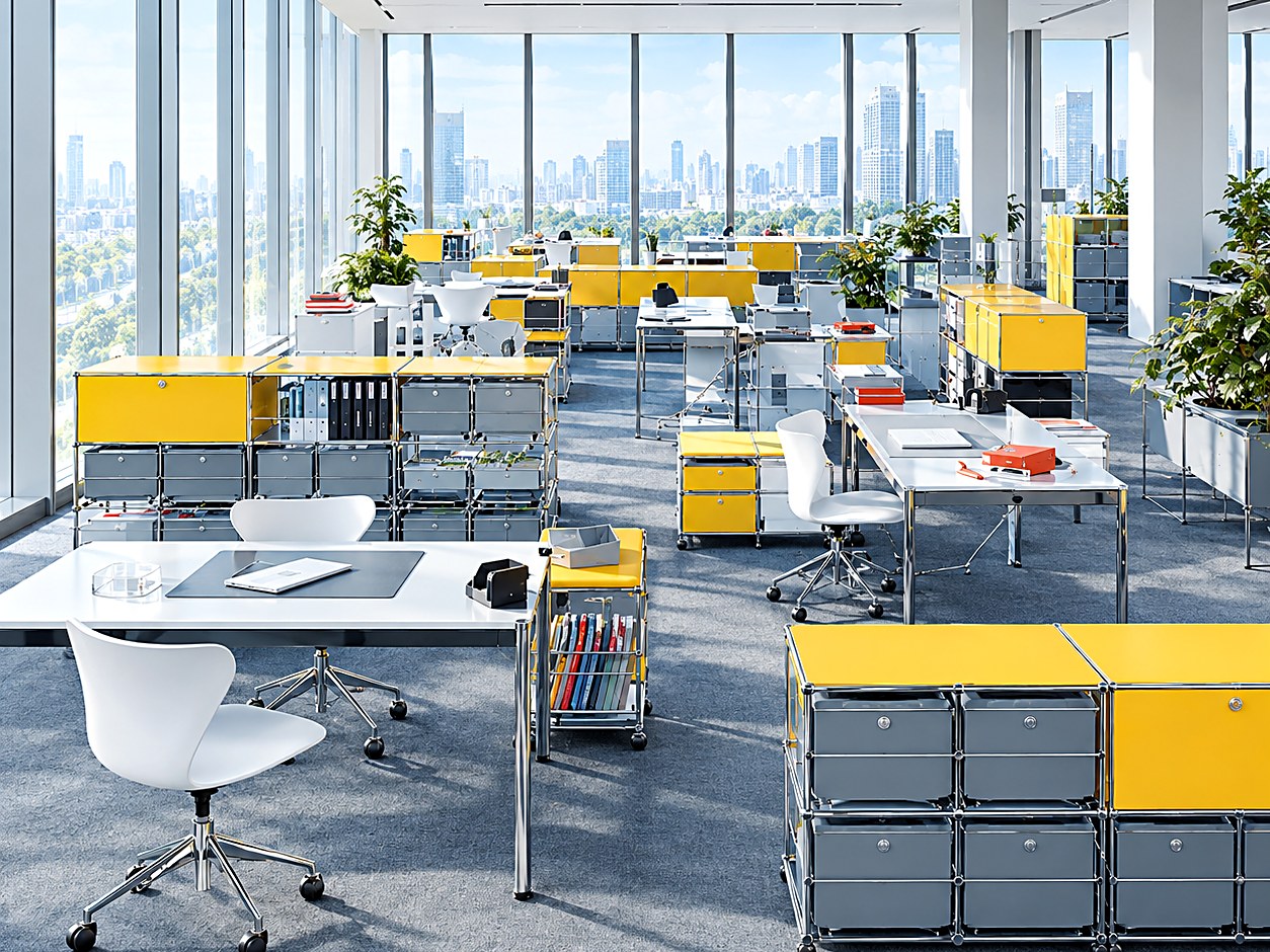 Bright open office with modular yellow storage units