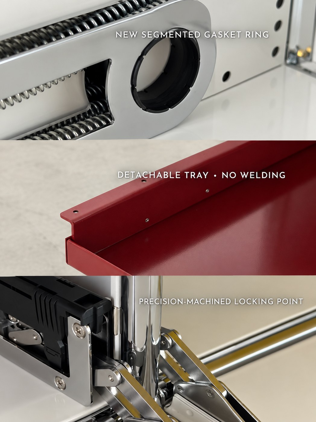 Moduora process details: segmented gasket ring, detachable tray without welding, precision-machined locking point