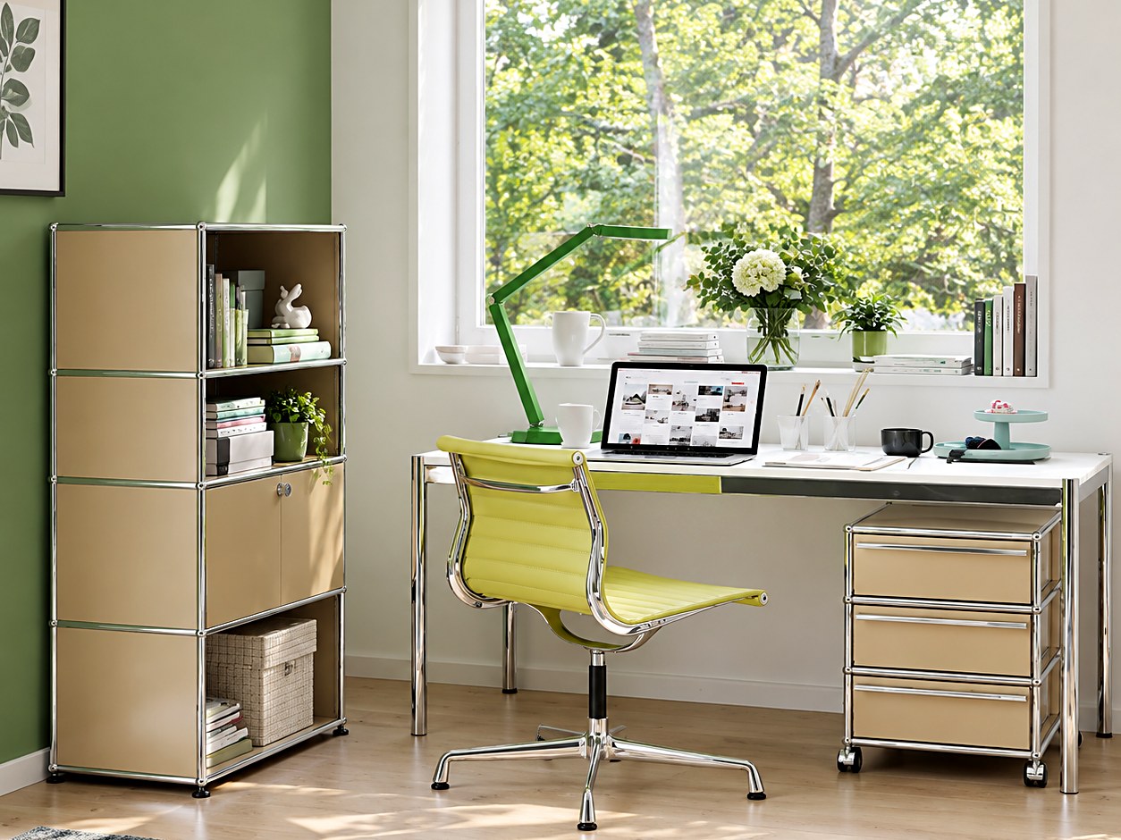 Green home office with beige modular cabinet and desk