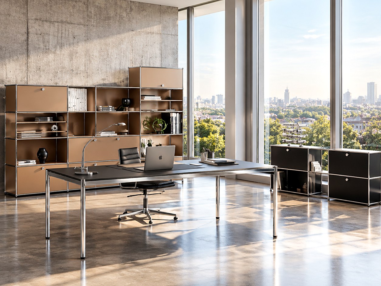 Tan modular shelving and black desk in a concrete office