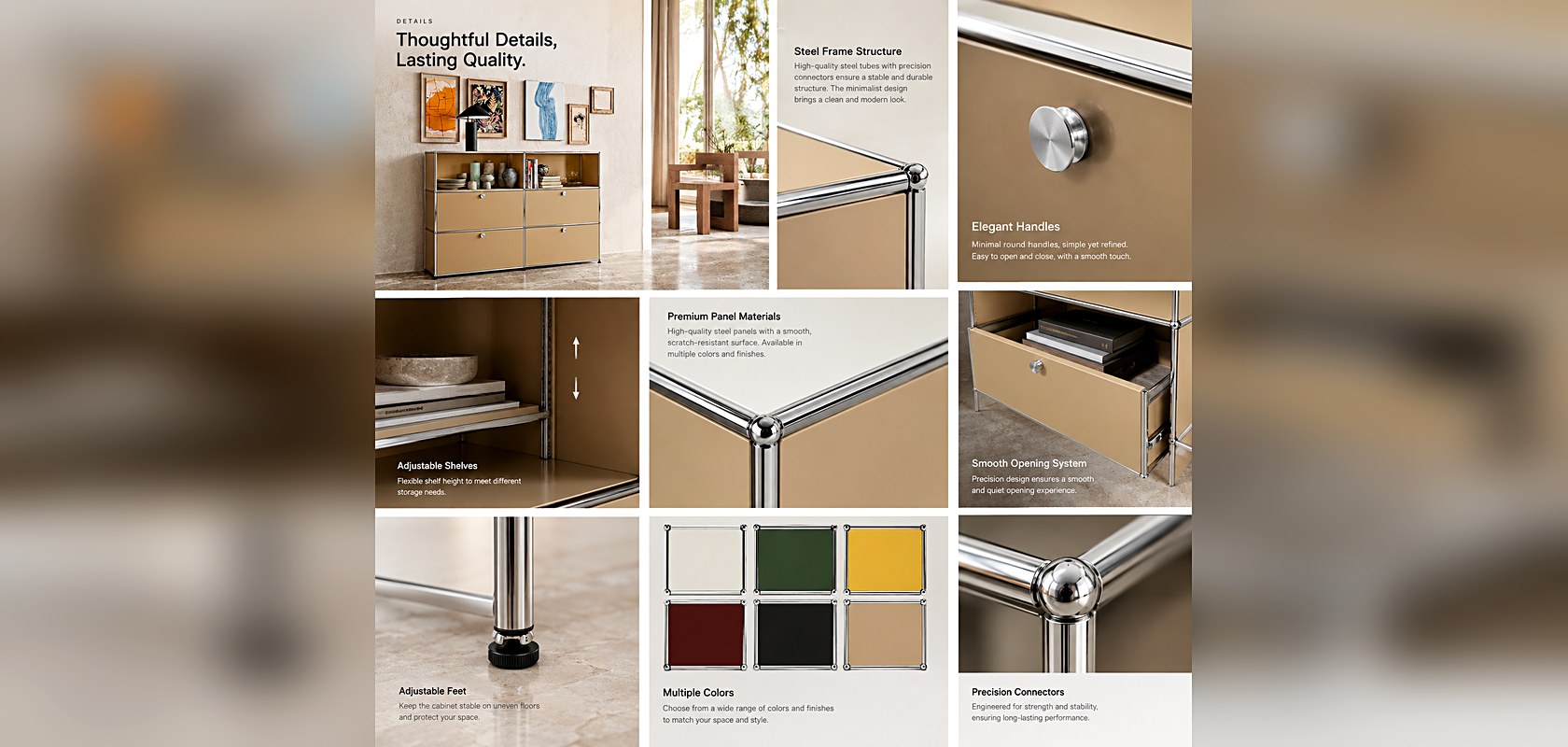 Moduora cabinet details grid - steel frame, handles, adjustable shelves, panels, colors and connectors