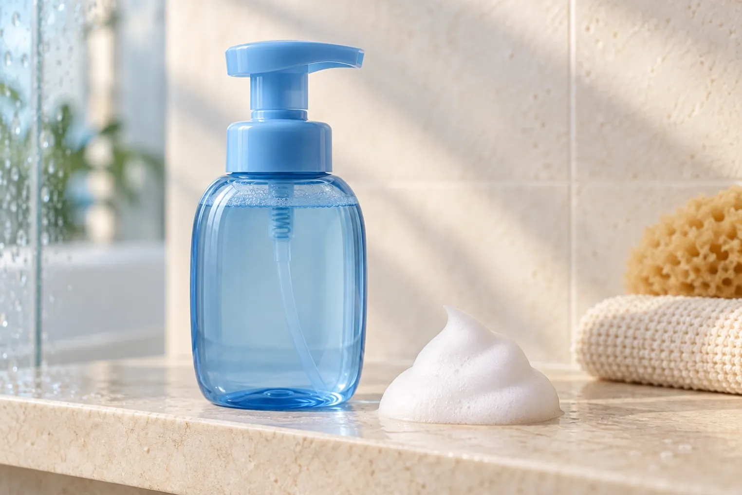Conceptual blue non-aerosol foaming body-wash pump bottle beside airy white foam on a pale shower shelf