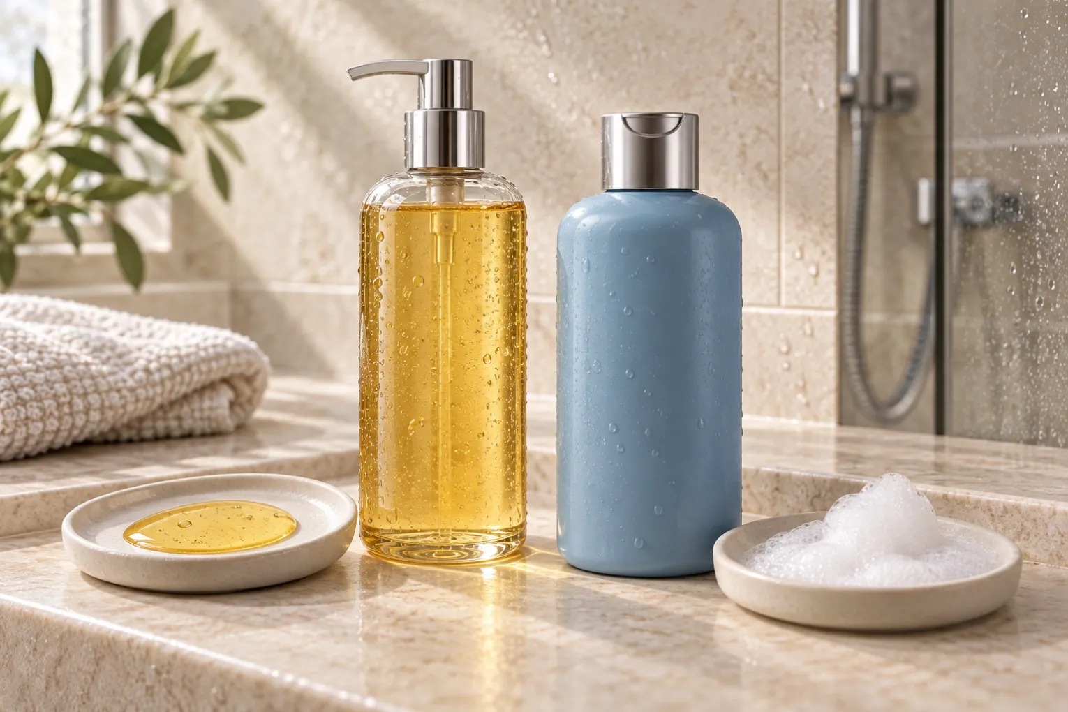 Illustrative shower oil gel pump bottle beside a body wash bottle, with a small golden liquid swatch and delicate white lather.