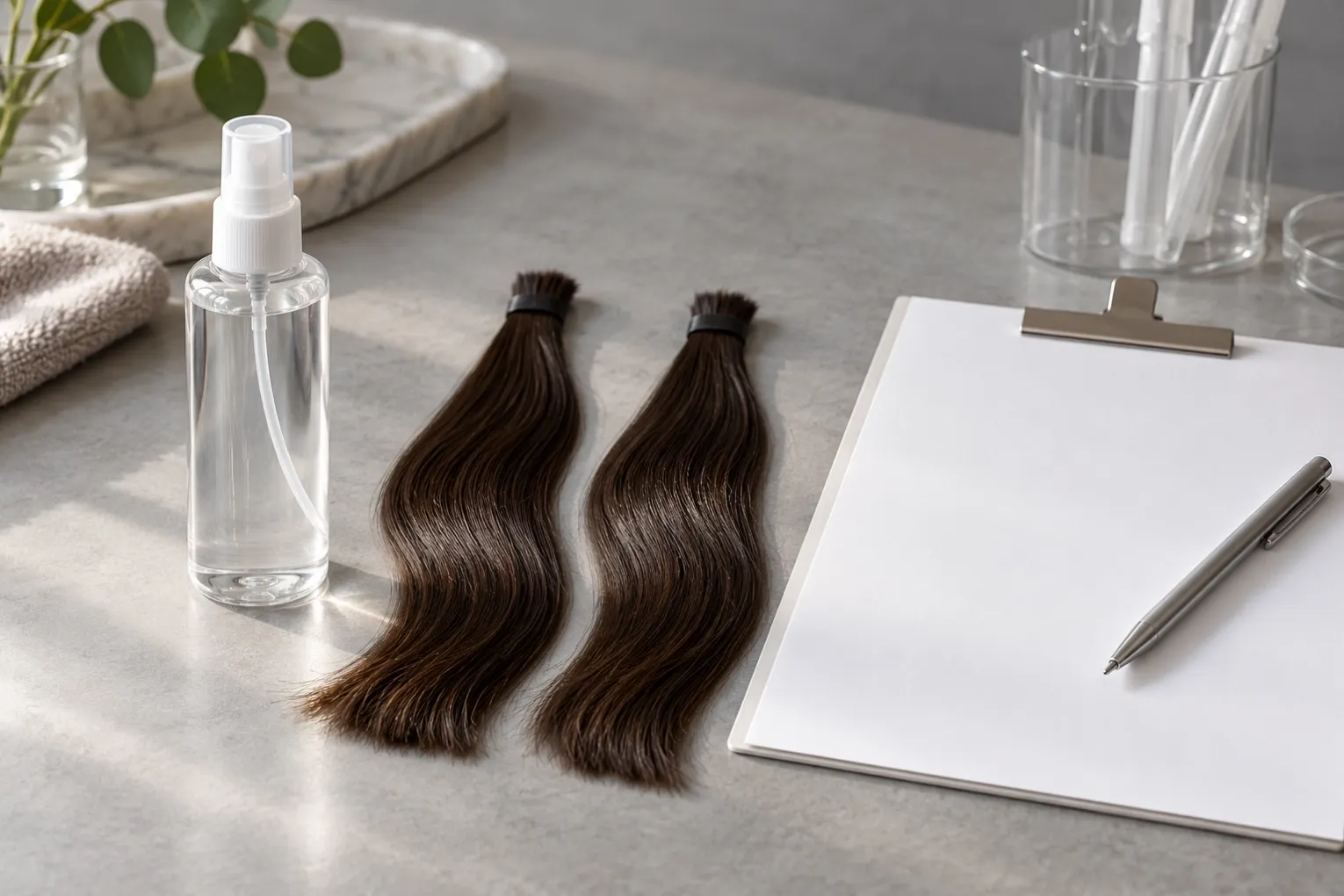 Clear unbranded mist bottle beside dark hair swatches and a blank sample evaluation sheet.